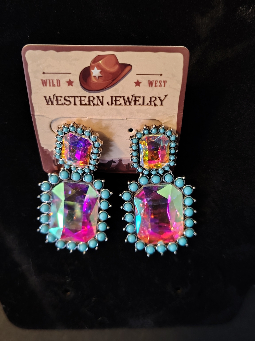 Western Jewelry Turquoise Bead & Iridescent Drop Earrings